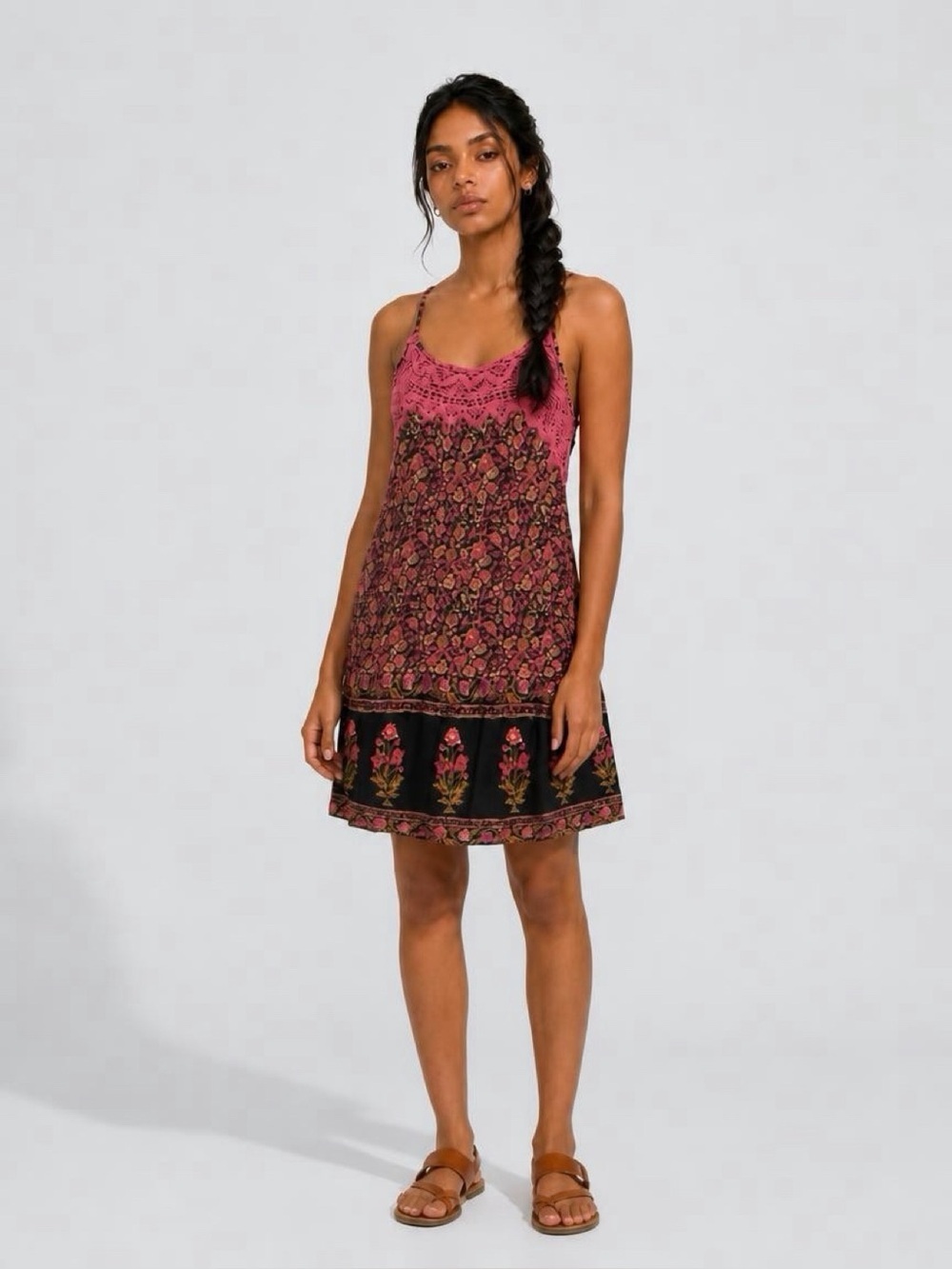Free People Raga Boho Floral Crochet-Trim Slip Dress - Pink & Black Women’s Med